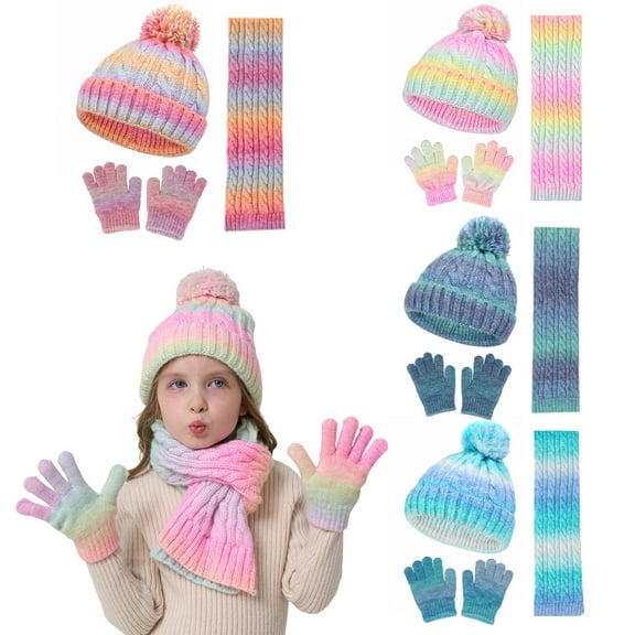 Lispipm Kids Winter Hat Gloves Scarf Set Toddler Warm Knit Beenie with Pompom Colorful Long Scarf Festival Gift for Girls Blue