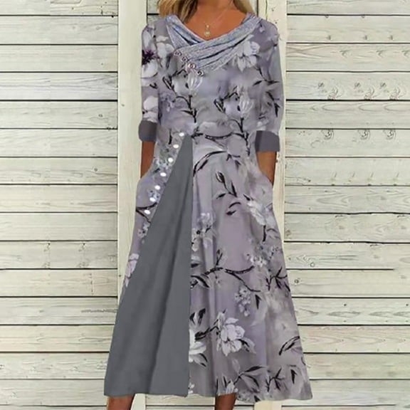 Patlollav Womens Casual Summer Print Square Collar Short Sleeve Swing Long Dress