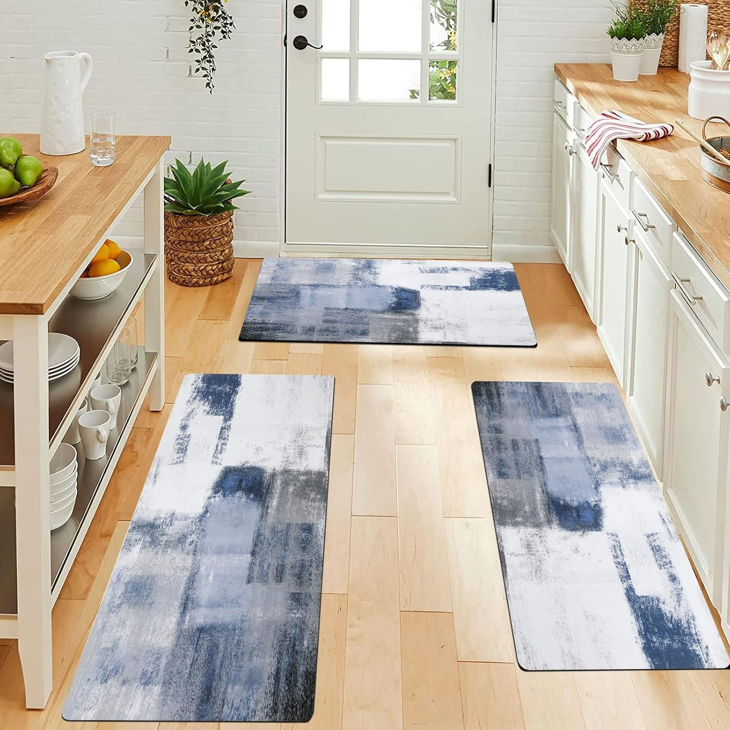 Kitchen Rug Sets 3 Piece with Runner Farmhouse Kitchen Rugs and Mats Non Skid Washable Cushioned Kitchen Area Rug Floor Mat Waterproof Runner Rugs for Hallway Kitchen Laundry Room, Blue