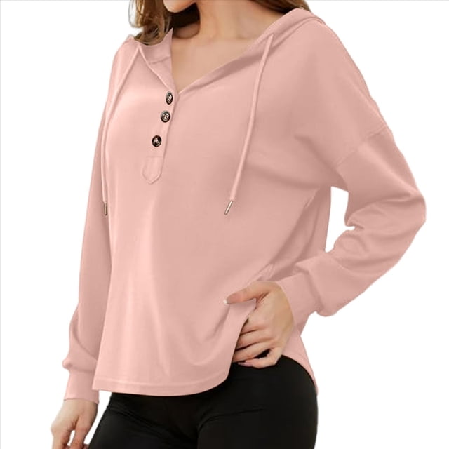 Sudadera con Capucha para Mujer, Cuello Abotonado, Cordón Ajustable, Sudadera Informal de Larga, Camisetas. Rosa L