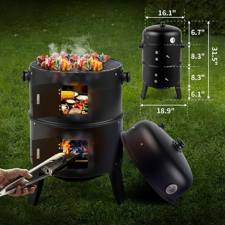 VINGLI 18 Inch Multi Layer Charcoal BBQ Smoker Grill Heavy Duty Round Charcoal BBQ Grill for Outdoor Vertical Steel Charcoal Smoking Grill with