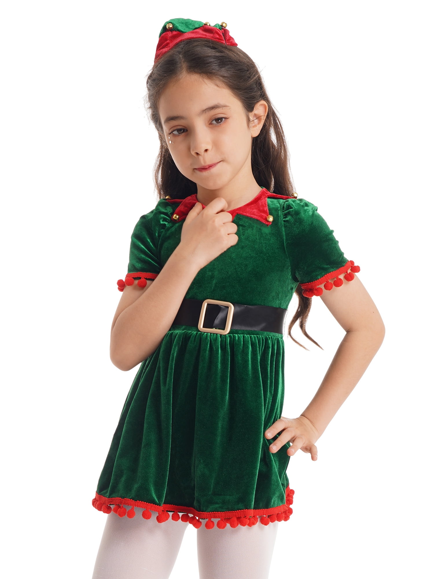 renvena Kids Girls Holiday Santa Christmas Elf Costume Princess Party Tutu Dress with Hat