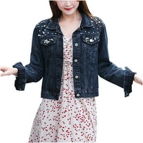 jsaierl Women Oversized Denim Jacket Embroidered Pearls Beading Cropped Jeans Coat