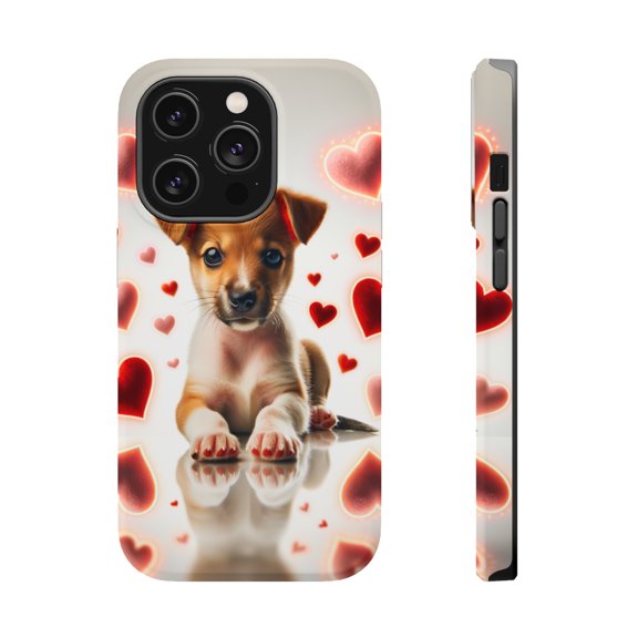 DistinctInk Tough Case for Apple iPhone 13 PRO (6.1" Screen), Compatible with MagSafe Charging - Valentine's Day Portuguese Podengo Pequeno Puppy