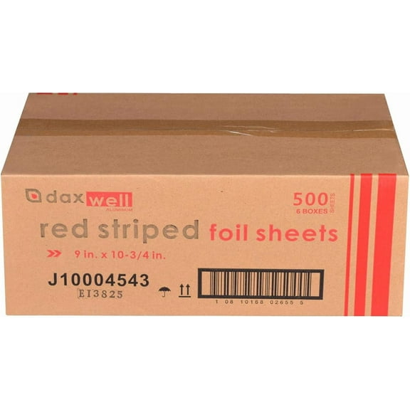 Daxwell Aluminum Foil Sheets, Interfolded, 9" x 10.75" Silver with Red Stripes, J10004543 (Case of 3,000 Sheets; 6 Boxes of 500)