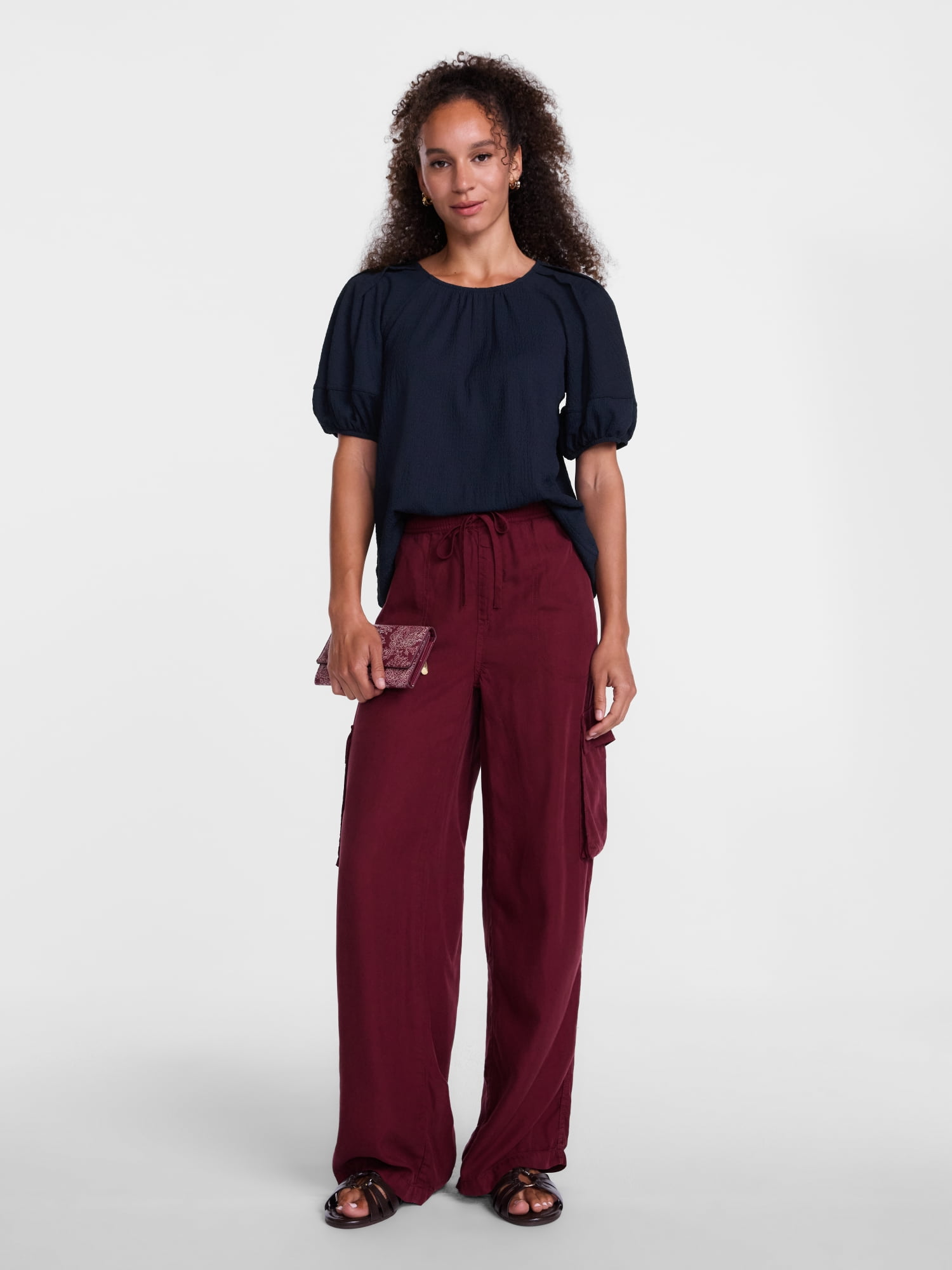 Scenario Women's Textured Top with Short Puff Sleeves, Sizes XS-XXXL