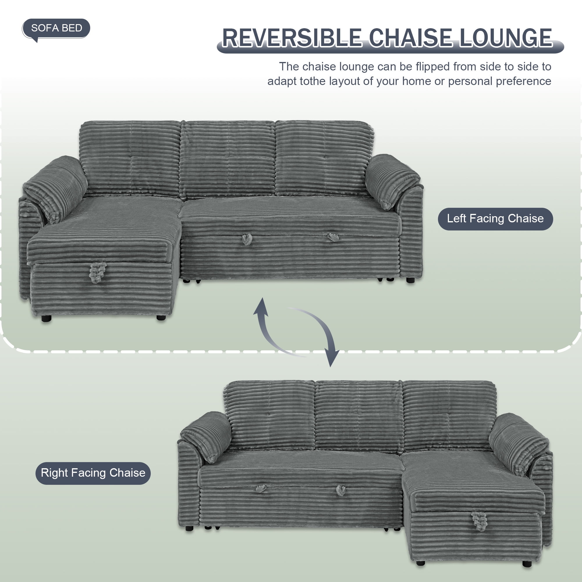 Dinosisco Convertible Sofa Bed with Storage Chaise, Corduroy Sectional Sleeper Sofa Couch for Living Room, Gray