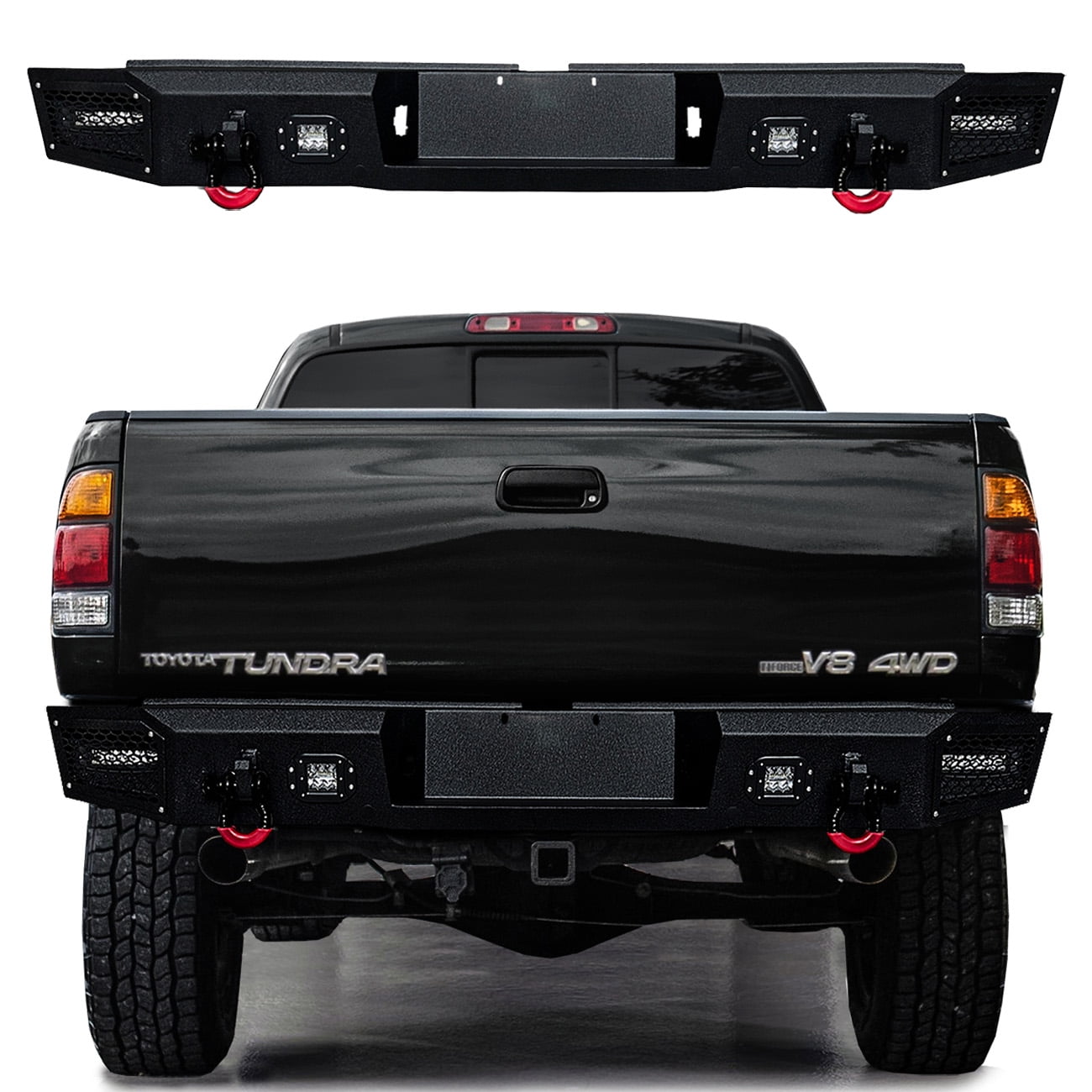 TIEWARDS Rear Bumper Bar With LED Lights & D-Rings & Step – For Dodge Ram 1500 2009-2018 – Black Steel