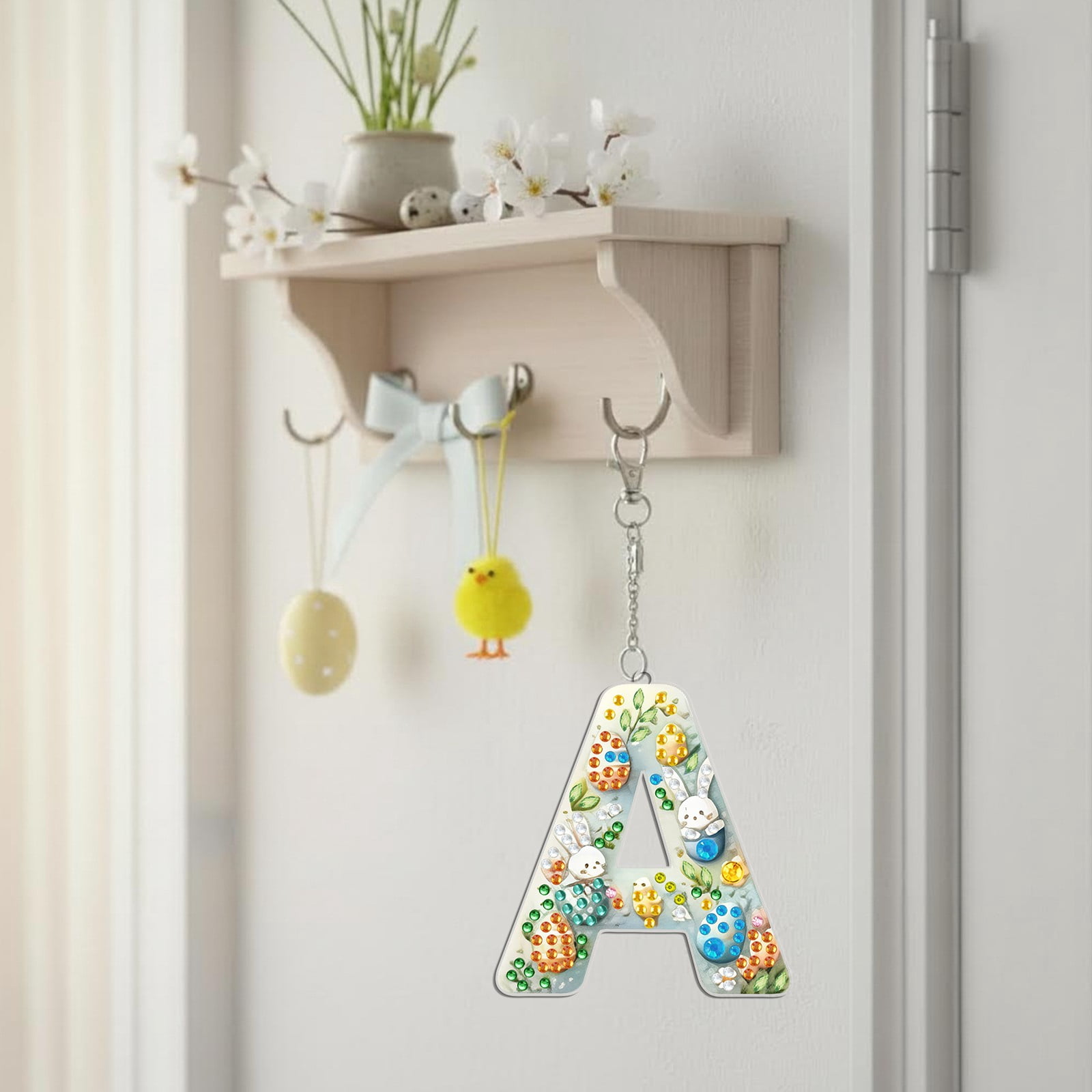 FLOPESN DIY Diamond Art Painting Easter Bunny Egg Letters Acrylic Keychain,Creative Design Double-Sided Diamond Craft For a gift to Friend Family-A