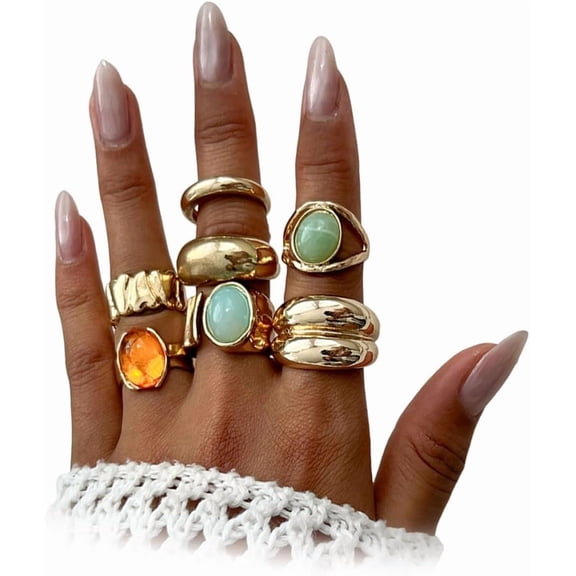 Chunky Gold Statement Rings for Women,Trendy Everyday Formal Stacking Rings Retro Colorful Stone Ring Set,Charm Costume Jewelry Accessories Gifts
