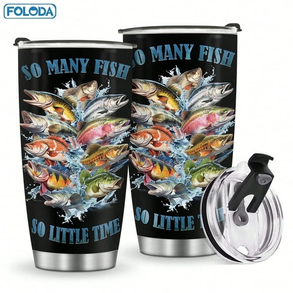 Foloda 1pc Fisherman Gift Fishing Pattern Tumbler Gift, 20oz With Lid Insulated Strainless Steel Travel Tumbler Coffee Mug Car Cups, Fish Mug For Christmas Birthday Father's Day, Fish Water Bottles F
