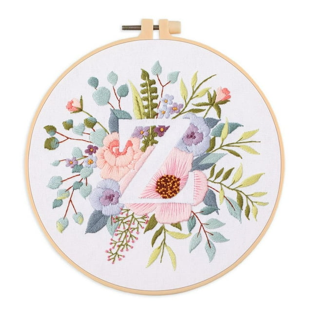 EastVita Embroidery Starter Kit for Beginners, Stamped Cross Stitch Kit with Floral Letter Pattern, DIY Embroidery Kit with Embroidery Cloth Hoops Instructions Needles Threads