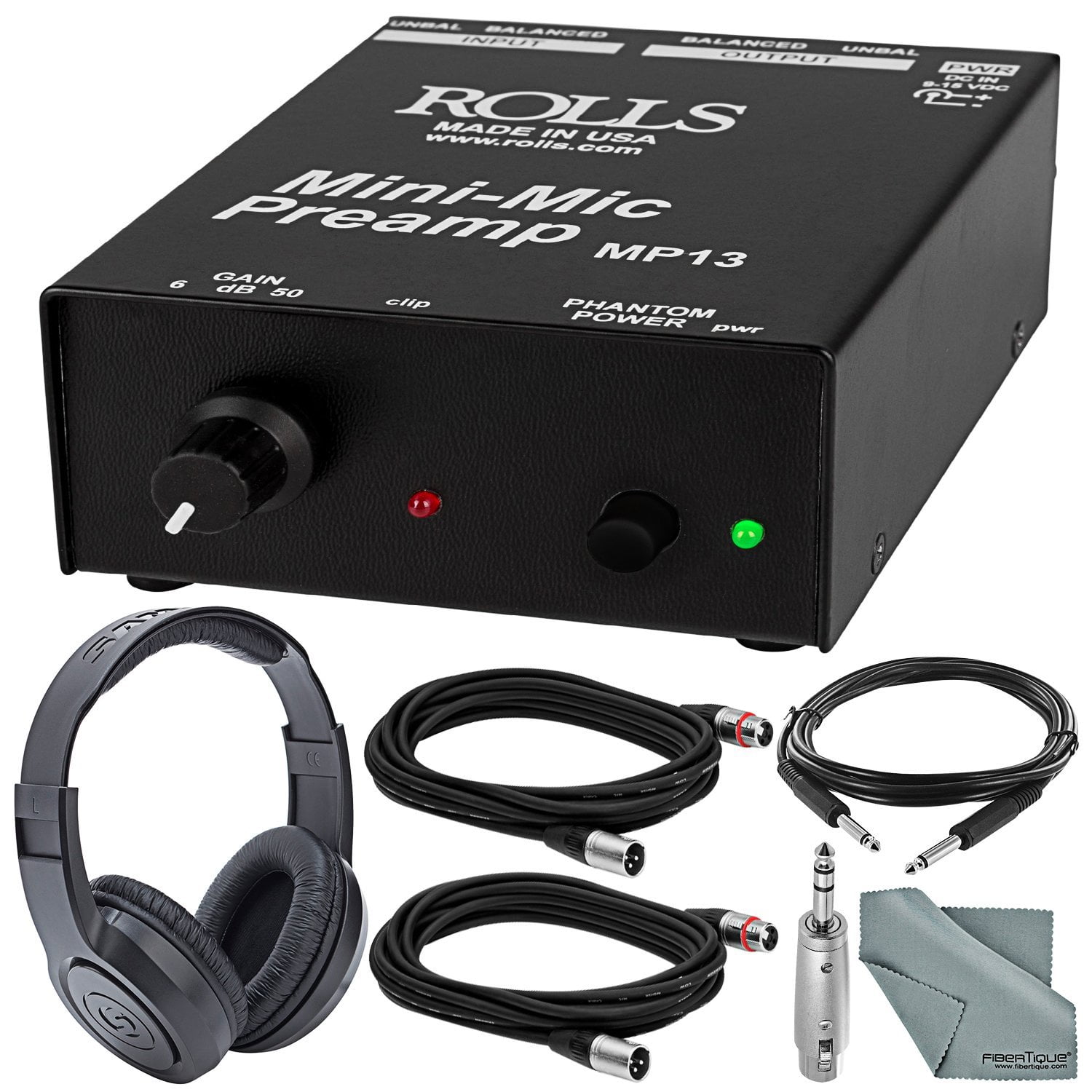 Rolls MP13 Mini Microphone Preamp and Accessory Bundle w/ Headphones