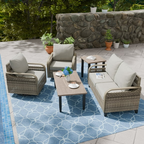 COOS BAY 5 Piece Brown Wicker Patio Sofa Set Outdoor Rattan Furniture Conversation Set Loveseat, Swivel Glider Chairs with Gray Cushions, Wood Grain Top Tables
