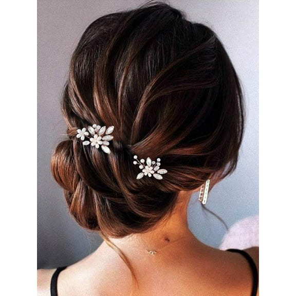 Bride Wedding Hair Pins Silver Crystal Bridal Hair Accessories Pearl Flower Hair Pieces for Women and Girls(Pack of 2) (Silver)