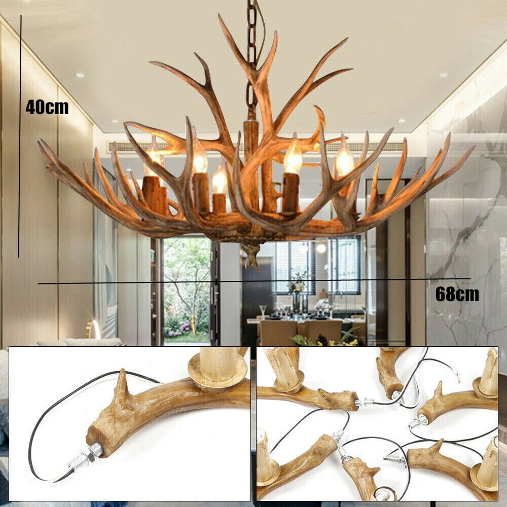 DENEST 110 V Vintage Ceiling Light 6-Heads Deer Antler Chandelier Resin Lamp Home Lighting Fixture