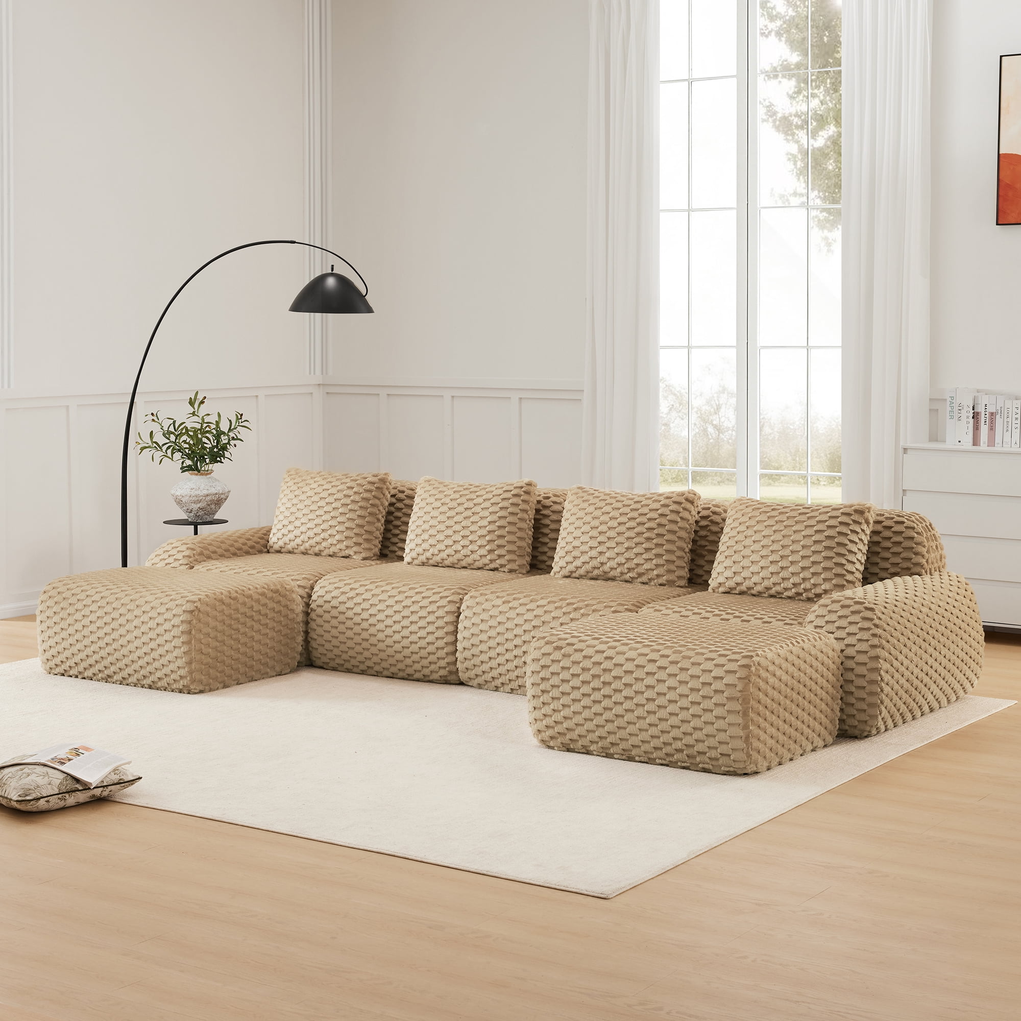 MAYEERTY 146" U-Shaped 4-Seater Modular Sofa, Textured Flannelette, Movable Ottoman, Boneless, No Assembly, Light Camel
