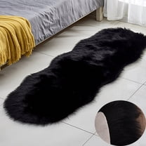 FUDAKUNA Soft Fluffy Faux Sheepskin Area Rugs 24x 39inch Black Shaggy Carpet Cushions for Living Room Bedroom Floor Mats