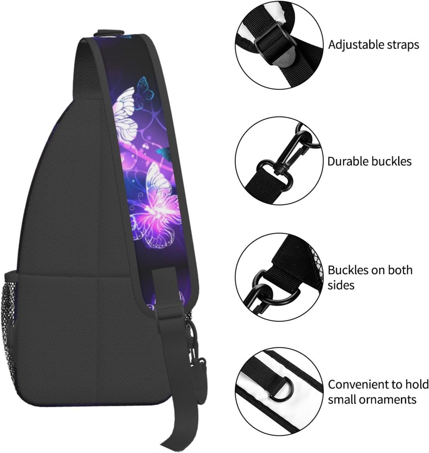 Purple Butterfly Glow In Dark Sling Bag Crossbody Hiking Travel Chest Bags Backpack Shoulder Daypack for Women Men