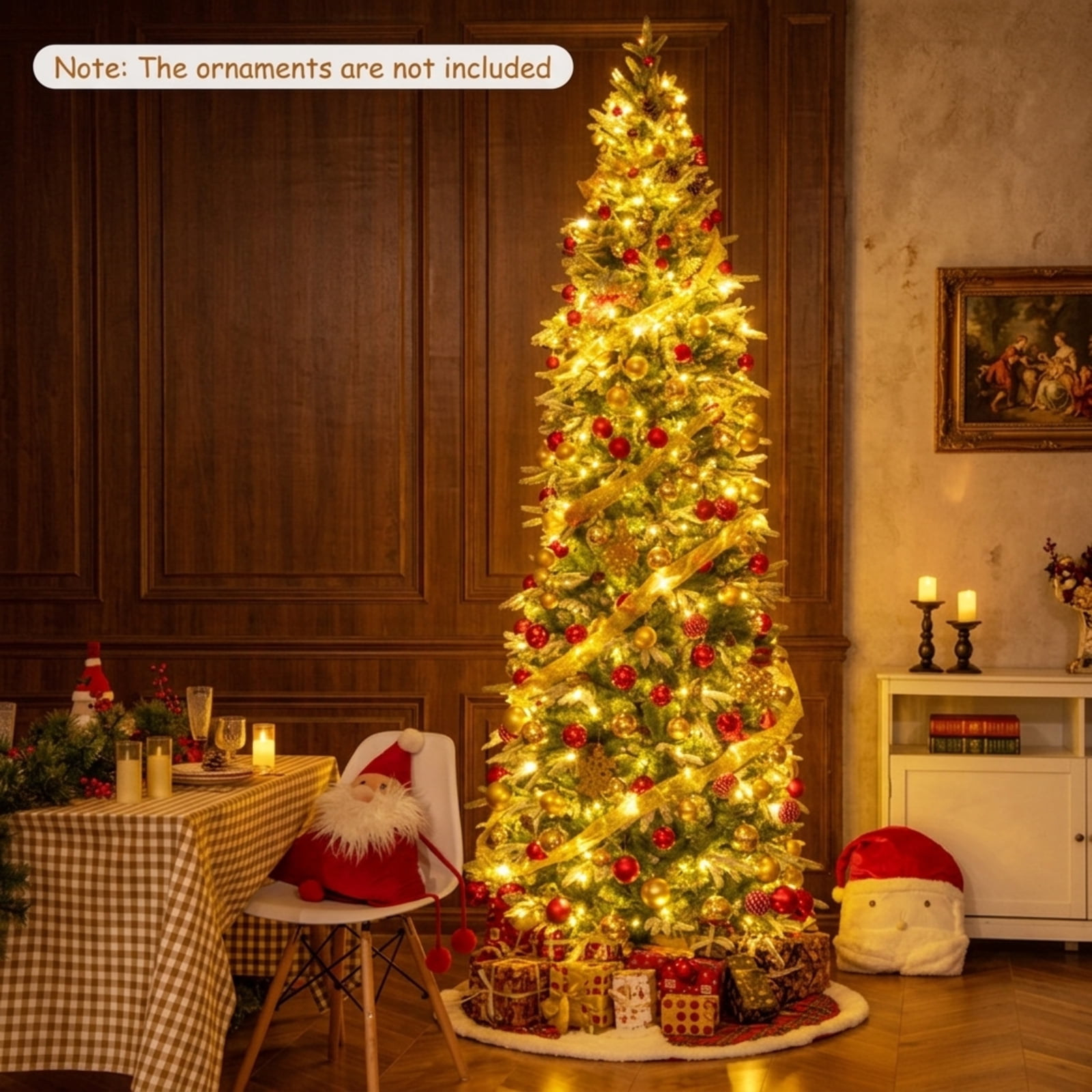RUIE 9 ft Snow Flocked Christmas Tree, Tall Pre-Lit Green White Xmas Tree with 470 LED Lights, 1310 Branch Tips and 98 Pine Cones