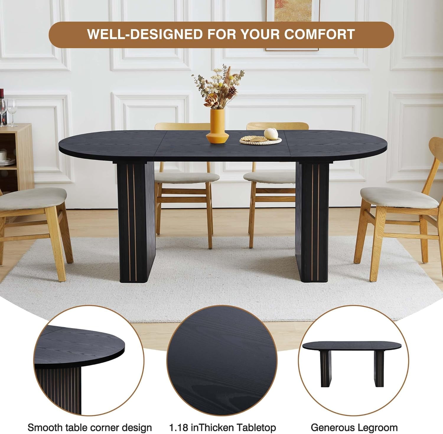 70.8 Inch Dining Table for Rustic Farmhouse, Oval Kitchen Dining Room Table with Wooden Base for Meeting Room Reception Room (Black)