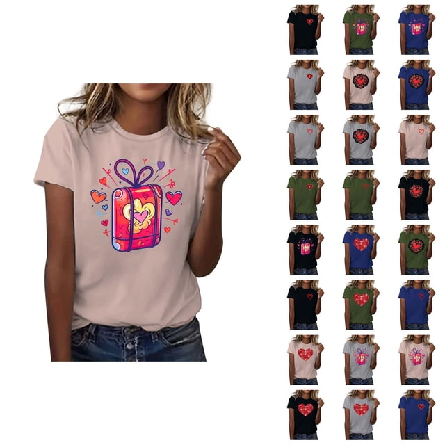 T-shirts de la Saint-Valentin pour Femmes 2026 à la Mode Manches Courtes Col Rond avec Cœur Graphique