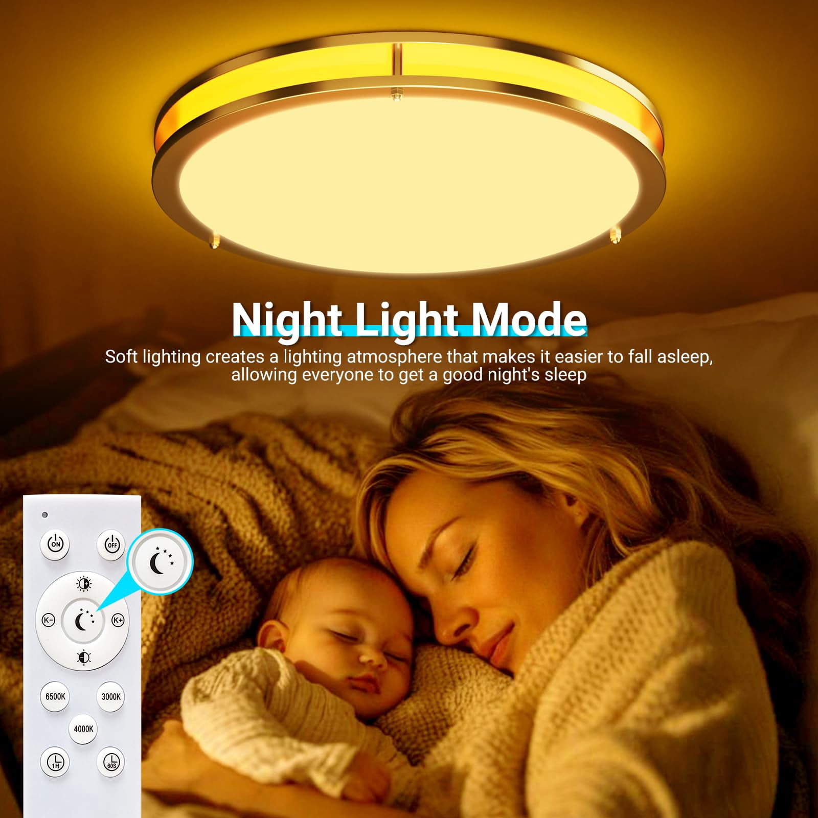 HOVMAP 13 Inch Gold Ceiling Light with Remote, Dimmable 24W 2160LM 5CCT Selectable 3000K-6500K, Bright LED Flush Mount Lighting Fixture with Timer for Bedroom Kitchen Closet, Gold