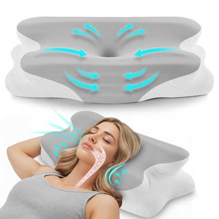 MOONORAH Cooling Bed Pillow for Neck & Shoulder Pain Relief, Cervical Support Contour Pillow for Side, Back, Stomach Sleepers, Orthopedic Memory Foam with Cooling Cover,Gray & White