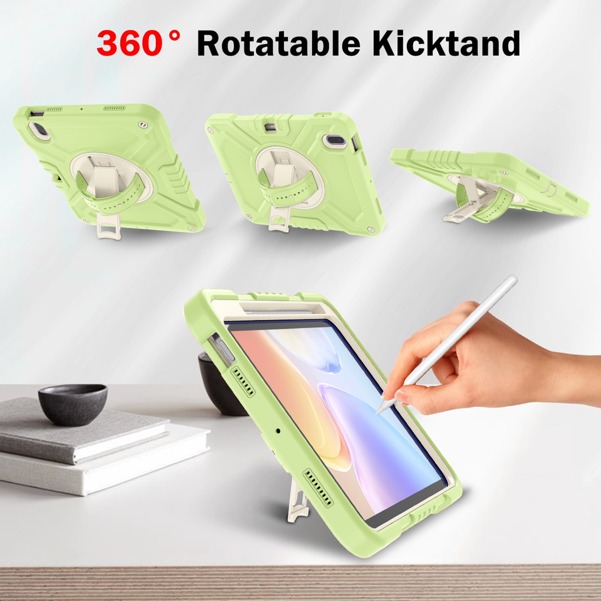 Dteck Kids Case for iPad 10th Generation Case 2022, Military Grade Shockproof Rugged Cover for iPad 10th Gen 10.9 Inch with 360° Swivel Stand - Handle - Shoulder Strap - Pencil Holder,Green White