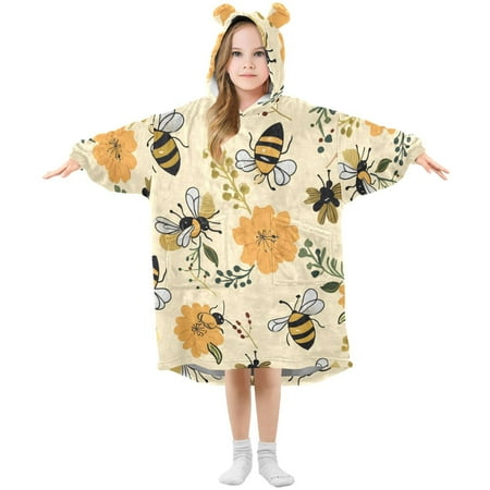 

joogoo Wearable Blanket Hoodie for Kids Bee Flying on Flowers Flannel Oversized Sweatshirt 3-14 Years M