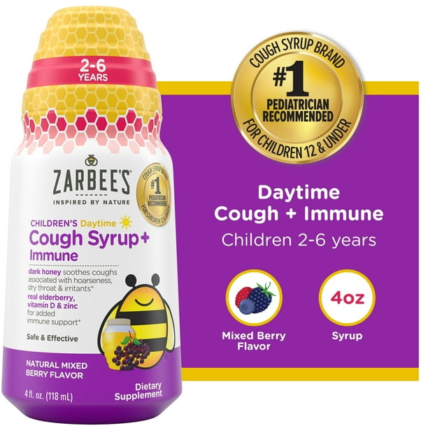 Zarbee’s Kids Cough + Immune Daytime for Ages 26 with Honey, Vitamin D