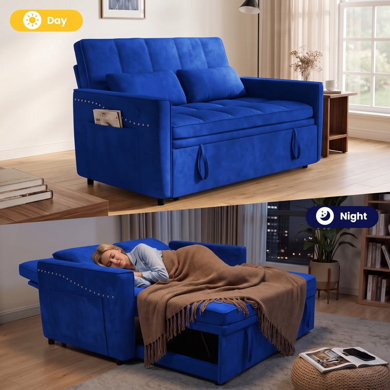 Anpport 54" 3‑in‑1 Convertible Sofa Bed, Sleeper Couch with USB Charging Port, Nailhead Trim & Throw Pillows, Loveseat for Living Room Apartment Small Space, Blue
