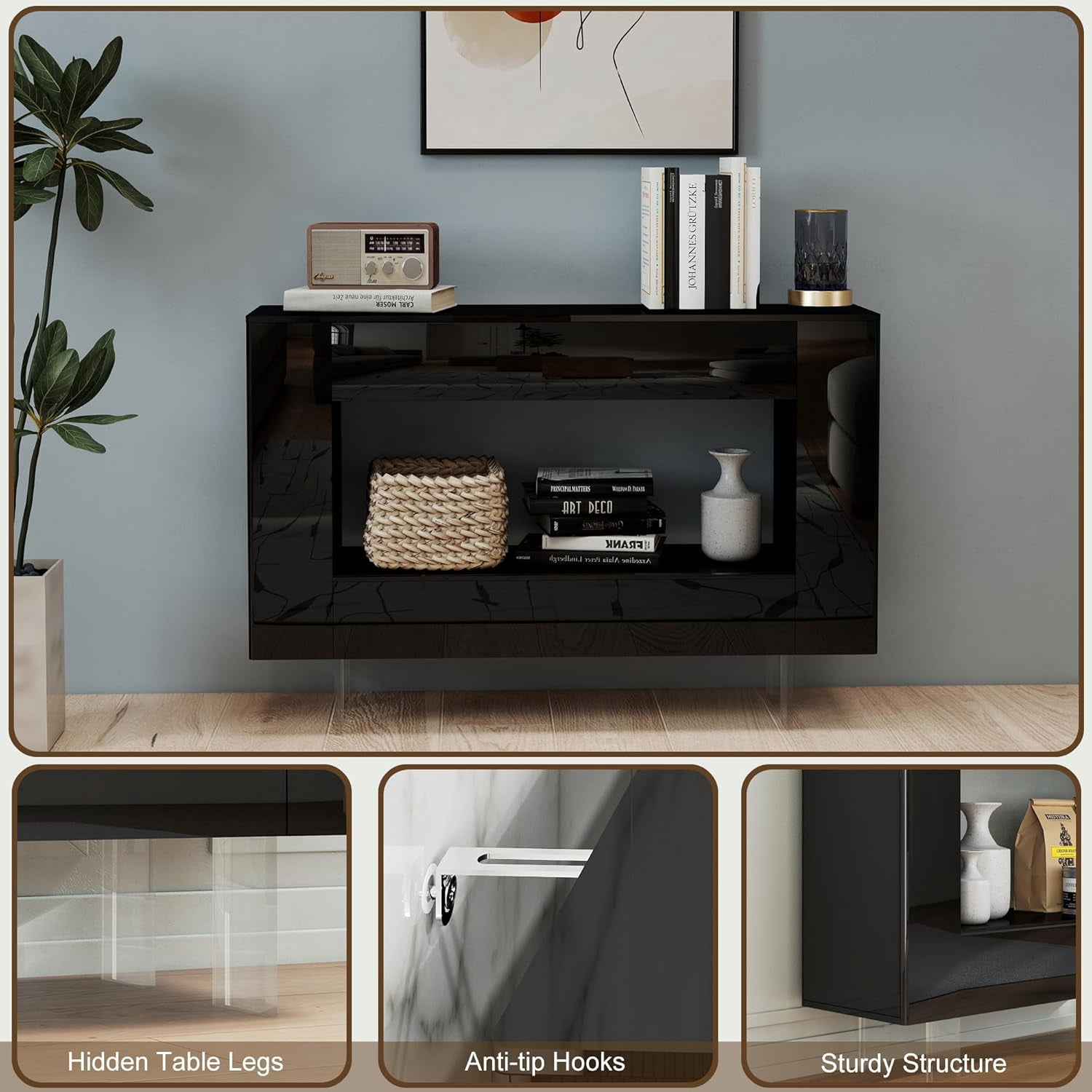 47-Inch Modern Black High Gloss Console Table with Hidden Side Storage Cabinets and Adjustable Shelves, Entryway Sofa Table