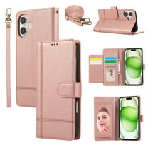Compatible with iPhone 16 Wallet Case, with Wrist Strap and Crossbody Strap, Make-up Mirror PU Leather Flip Credit Cell Cover Kickstand for iPhone 16 Girls Women, Rosegold