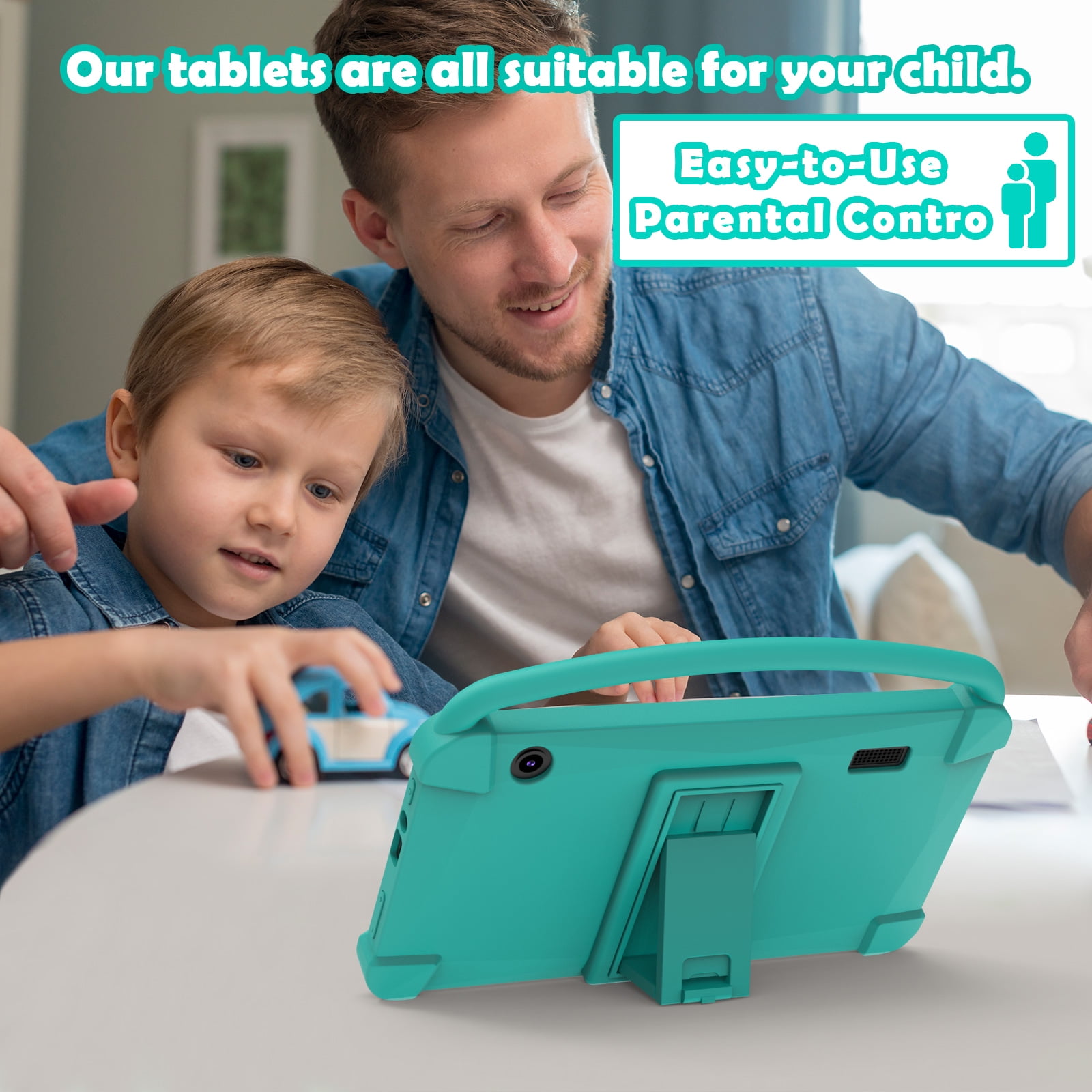 7 Inch Kids Tablet, Quad Core Android Toddler Tablets, Children Tablet with 32GB Storage 4GB RAM WiFi BT Shockproof Case Dual Camera Educationl Games Parental Control, Kids Software Pre-Installed.
