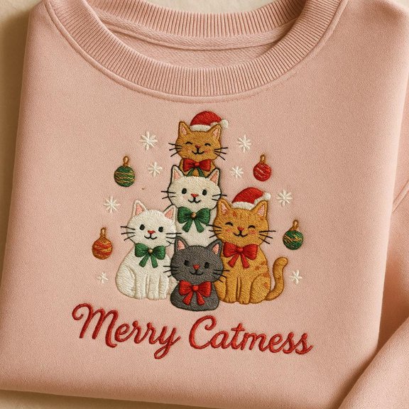 Merry Catmess Embroidered Sweatshirt, Cat Christmas Tree Hoodie, Cute Kitten Holiday Gift, Cat Mom Crewneck, Xmas Cat Lover Tee, Pink