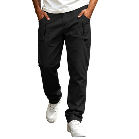 Mens Hiking Pants Elastic Waist Solid Color Straight-Leg Outdoor Workout Fishing Trousers Dad Gifts
