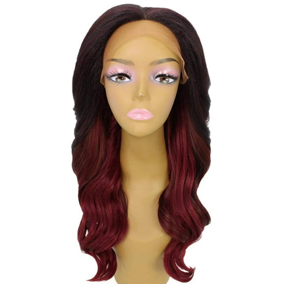 LUXLUXE Cleo Wavy 21 Inch Long 4X4 Hand-Tied Lace Front Wig, Heat Resistant Fiber, 20  Shades of Natural, Dip Dyed, & Blended Colors (#BX991 - Deep Red over Medium Red)