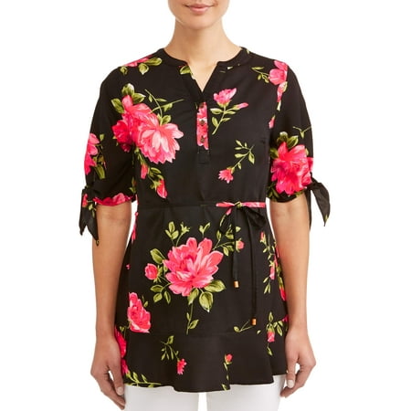 - Maternity Knotted Sleeve Belted Floral Top - Available in Plus Sizes