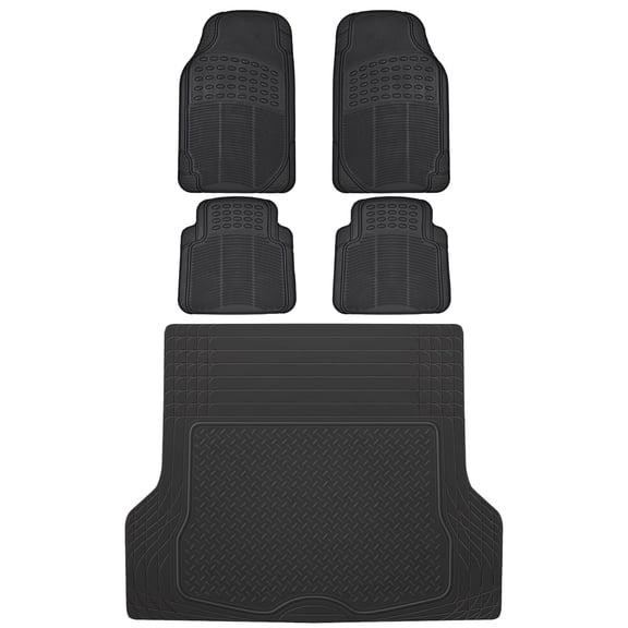 BDK OF-554 Rubber Car Floor Mats, Universal Front & Rear Combo Set with Trunk Cargo Mat Liner for Car Sedan SUV Van, Heavy Duty All Weather Trim To Fit