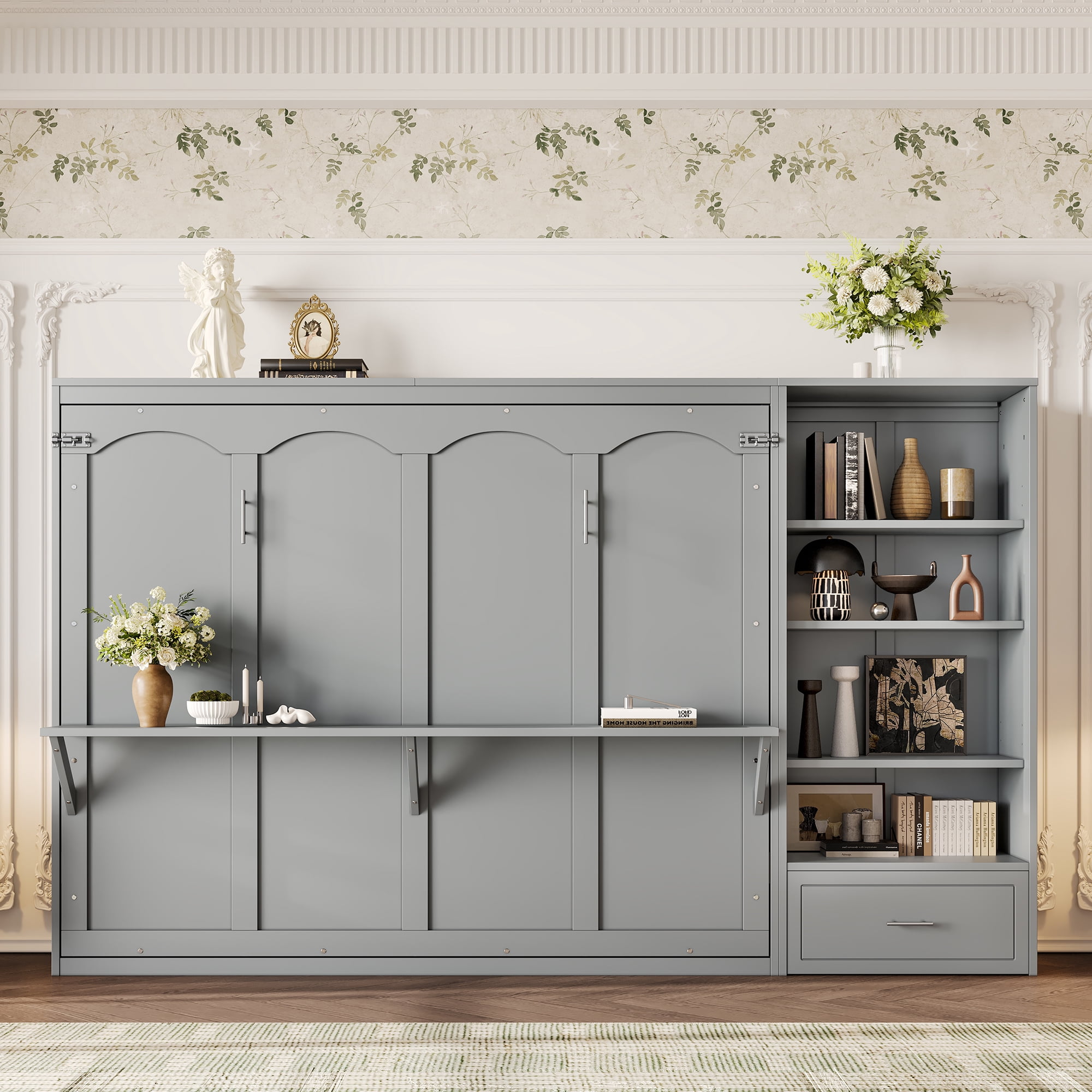 Mintazer Queen Murphy Bed with Reversible Storage Cabinet, Multifunctional Foldable Platform Bed with Adjustable Shelves & Drawer for Guest Room Bedroom, Gray
