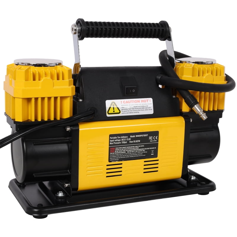 12V Heavy Duty Air Compressor, 150 PSI Tire Inflator with 26FT Hose for Car/SUV/RV/Truck（Yellow）