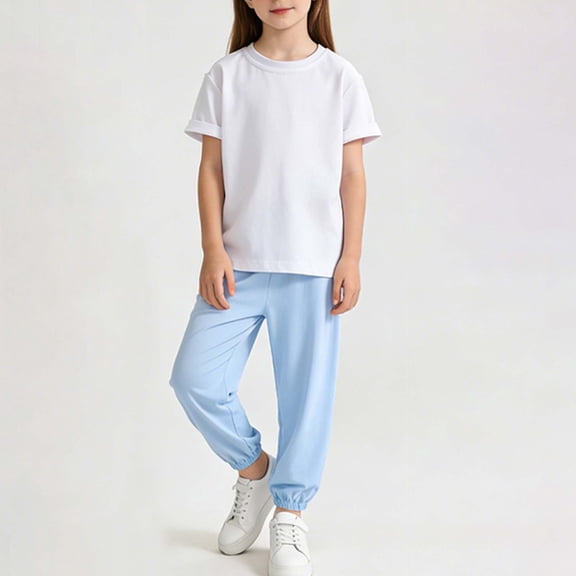 BRGZLK Girls 2 Piece Outfits Summer 2026 Casual Cotton Solid Color Round Neck Short Sleeve Top and Loose Fit Elastic Waist Jogging Pants Set Light Blue 2-3 Years