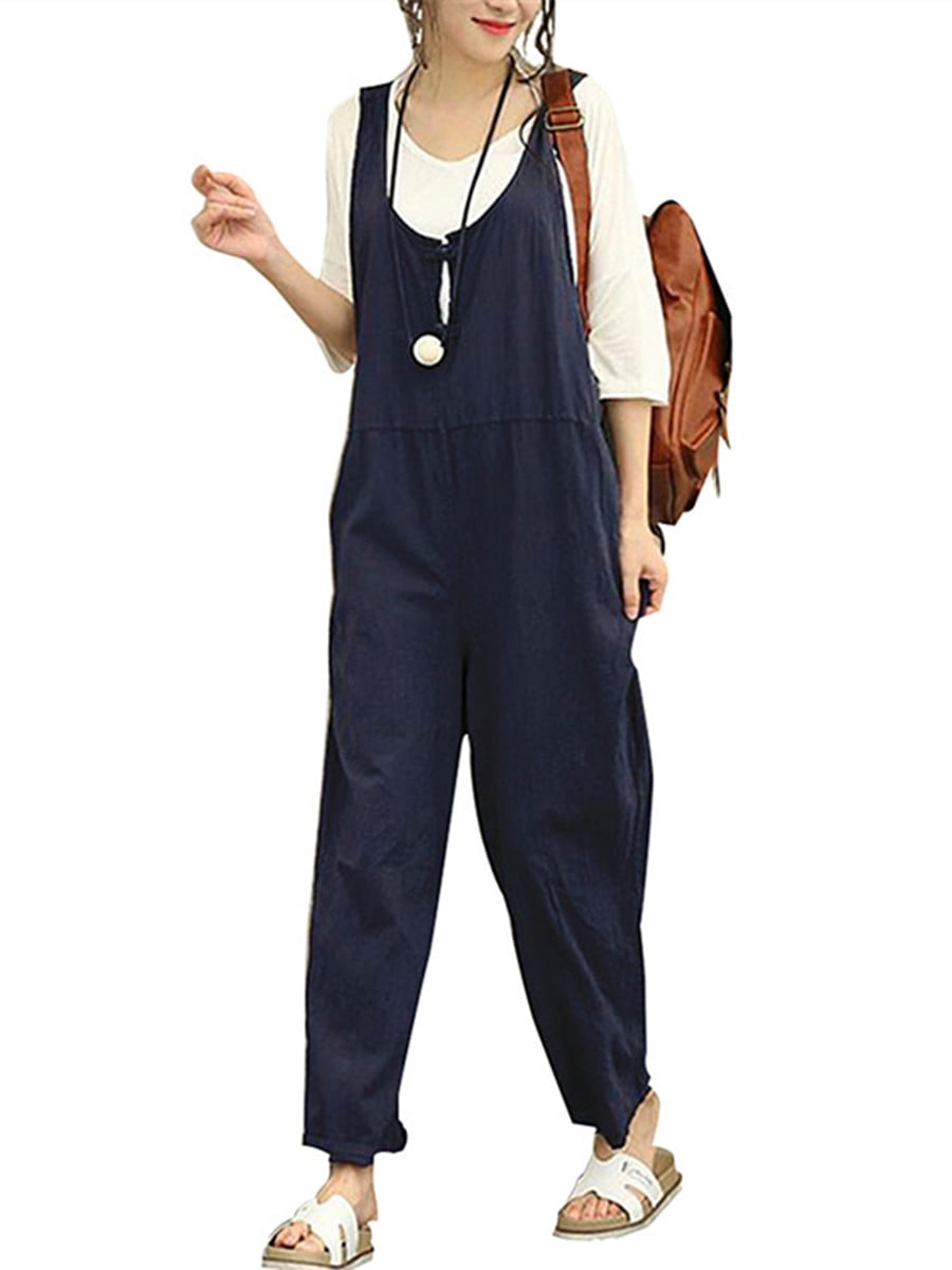 cotton and linen casual style suspender pocket jumpsuit