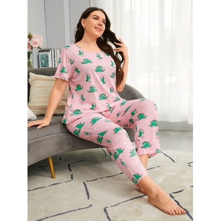 

Women s Plus Cartoon Dinosaur Print PJ Set 3XL(18) Pink Cute F22001D