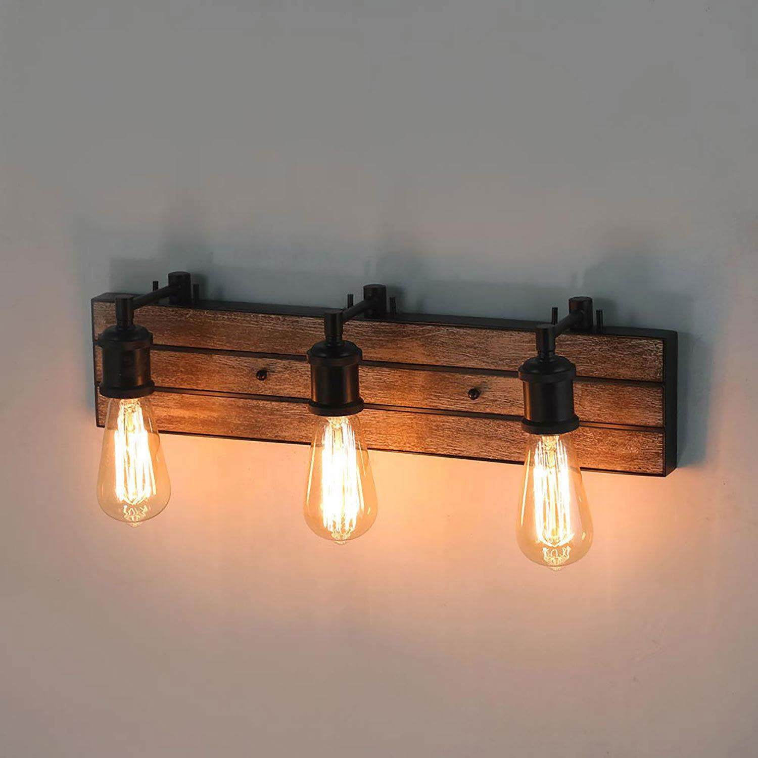 LNC 3-Light Bronze and Brown Wood Farmhouse Bathroom Vanity Light,21.3"L x 5.9"D x 5.1"H