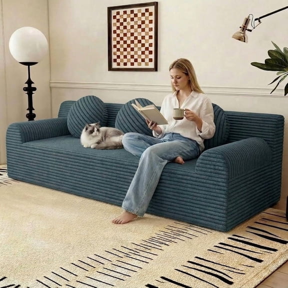 71" Corduroy Loveseat Sofa, Memory Foam Cloud Couch in a Box, Boneless Compressed Sofa for Living Room, Bedroom and Apartment, Dark Gray