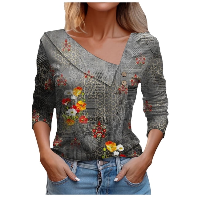 TSADFHJI Chandail à Col Rond pour Femmes Graphique T-Shirt à Manches Longues Décontracté avec Boutons en V pour Femmes Gris