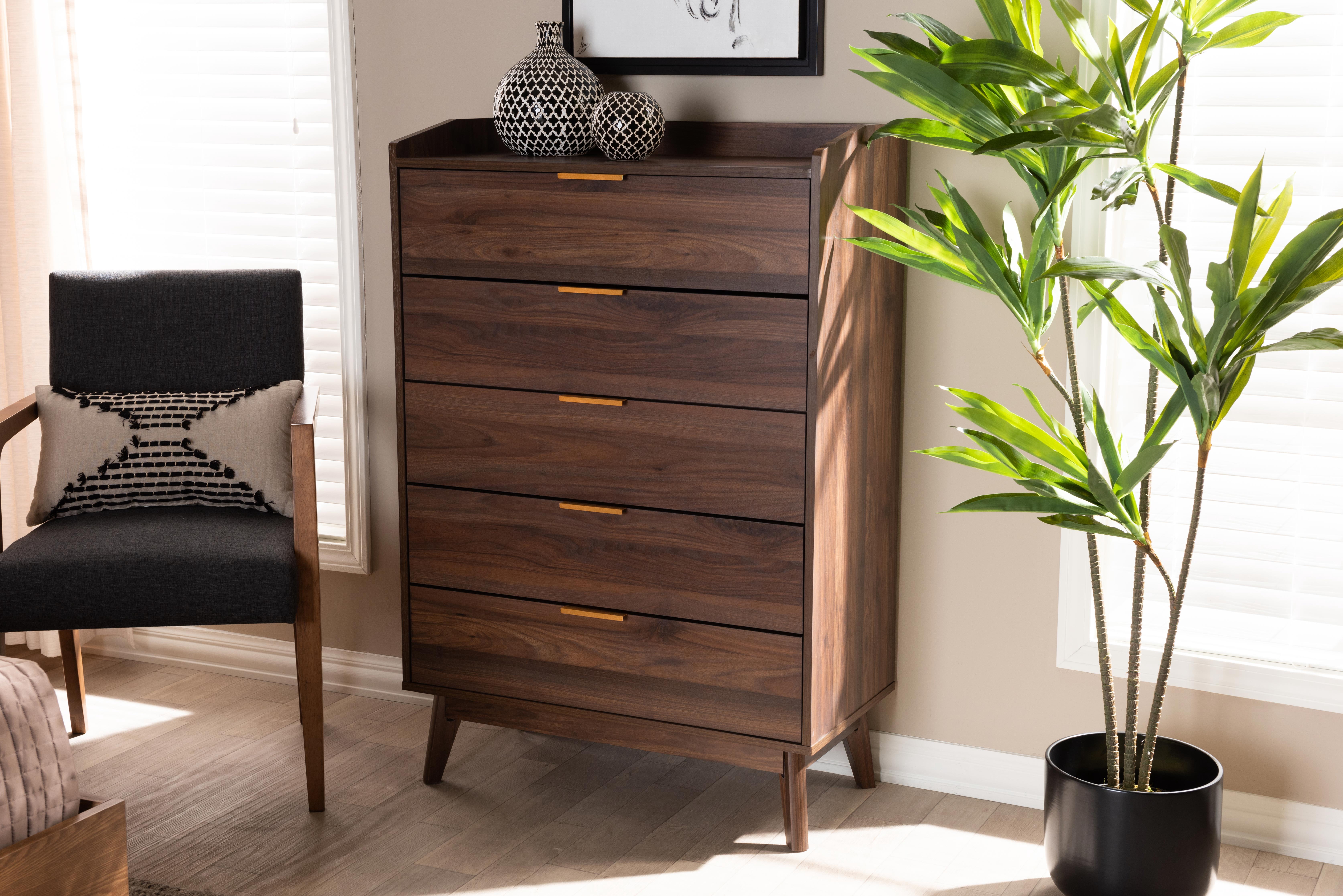 Baxton Studio Lena Mid-Century Modern Walnut Brown Finished 5-Drawer Wood Chest