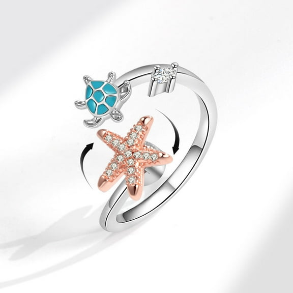 Anxiety Fidget Spinner Ring for Relief Stress Open Adjustable Turtle Starfish Star Ocean Theme Ring Women Jewelry